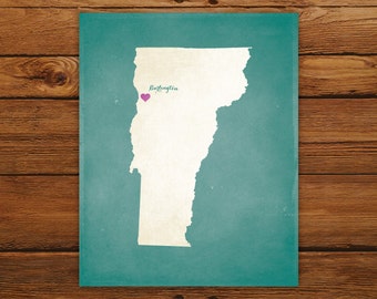 Customized Vermont State Art Print, State Map, Heart, Silhouette, Aged-Look Personalized Print