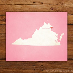 Customized Virginia 8 x 10 State Art Print, State Map, Heart, Silhouette, Aged-Look Print image 1