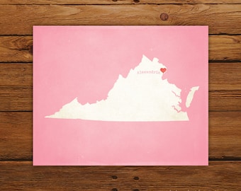 Customized Virginia 8 x 10 State Art Print, State Map, Heart, Silhouette, Aged-Look Print