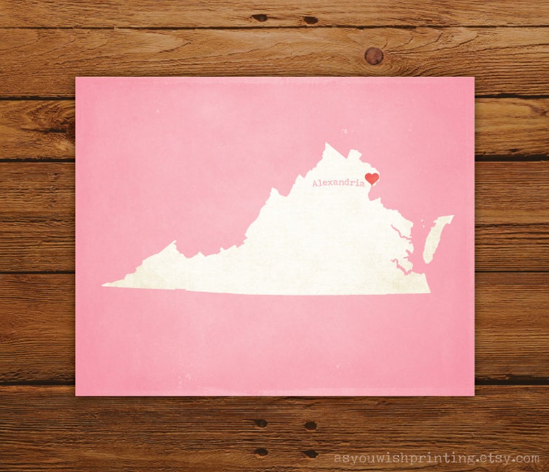 Customized Virginia 8 x 10 State Art Print, State Map, Heart, Silhouette, Aged-Look Print image 1