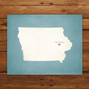 Customized Iowa State Art Print, State Map, Heart, Silhouette, Aged-Look Personalized Print