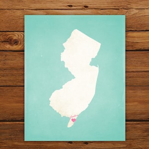 Customized New Jersey State Art Print, State Map, Heart, Silhouette, Aged-Look Personalized Print