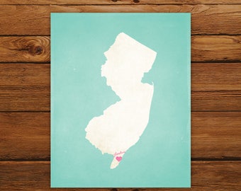 Customized New Jersey State Art Print, State Map, Heart, Silhouette, Aged-Look Personalized Print