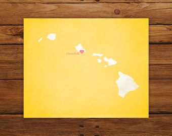 Customized Hawaii State Art Print, State Map, Heart, Silhouette, Aged-Look Personalized Print