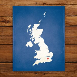 Customized United Kingdom 8 x 10 Country Art Print, Country Map, Heart, Silhouette, Aged-Look Print