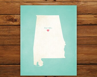 Customized Alabama State Art Print, State Map, Heart, Silhouette, Aged-Look Personalized Print