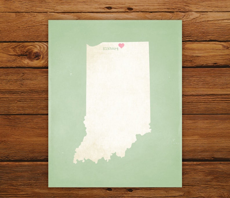 Customized Indiana State Art Print, State Map, Heart, Silhouette, Aged-Look Personalized Print image 2