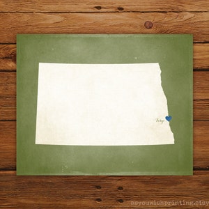 Customized North Dakota 8 x 10 State Art Print, State Map, Heart, Silhouette, Aged-Look Print