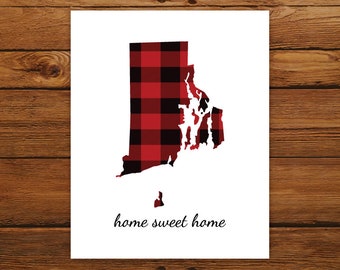 Home Sweet Home Rhode Island Map Print, Rhode Island State Map Print, Buffalo Plaid Art Print, Christmas Art Decor, Fall Home Decor