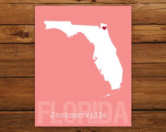 Custom Florida, Personalized State Print, State Love, State Map, Country, Heart, Silhouette, 8 x 10 Wall Art Print