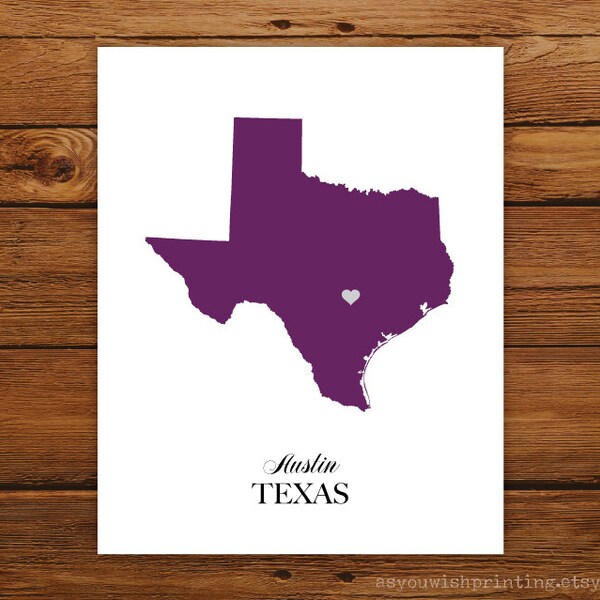 État du Texas amour carte Silhouette 8 x 10 Print - sur mesure