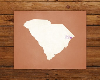 Customized South Carolina 8 x 10 State Art Print, State Map, Heart, Silhouette, Aged-Look Print