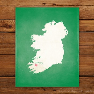 Customized Ireland 8 x 10 Country Art Print, Country Map, Heart, Silhouette, Aged-Look Print