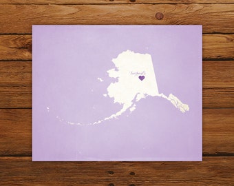 Customized Alaska State Art Print, State Map, Heart, Silhouette, Aged-Look Personalized Print