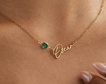 Collar con nombre y piedra de nacimiento personalizado, collar con nombre de oro, collar con nombre personalizado con piedra de nacimiento, regalos personalizados, regalo de Navidad para ella