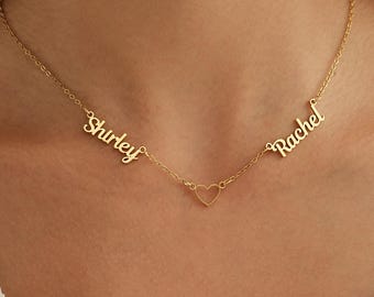 Collar personalizado con dos nombres y corazón, collar con dos nombres personalizados, collar con nombres de pareja, collar con dos nombres, collar con nombre dorado, regalo para mamá.