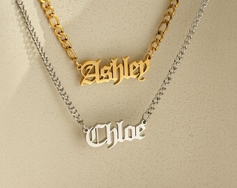 Collar personalizado con nombre en inglés antiguo y cadena Figaro, collar gótico personalizado con nombre, collar dorado personalizado, regalo de Navidad personalizado