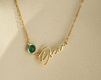 Collar con nombre y piedra de nacimiento personalizado, collar con nombre de oro, collar con nombre personalizado con piedra de nacimiento, regalos personalizados, regalo de Navidad para ella