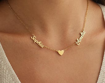 Collar personalizado con dos nombres y corazón, collar con dos nombres personalizados, collar con nombres de pareja, collar con dos nombres, collar con nombre dorado, regalo para mamá.