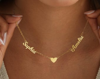 Collar personalizado con dos nombres y corazón, collar con dos nombres personalizados, collar con nombres de pareja, collar con dos nombres, collar con nombre dorado, regalo para mamá.