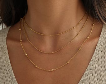 Collar de cadena dorada, collar de cadena con cuentas, cadena satélite, cadena satélite dorada con cuentas, delicado collar de varias capas, collar para usar a diario