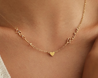 Collar personalizado con dos nombres y corazón, collar con dos nombres personalizados, collar con nombres de pareja, collar con dos nombres, collar con nombre dorado, regalo para mamá.