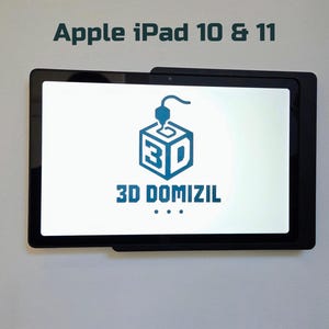 Könnte beinhalten: Eine schwarze iPad 10 & 11 Hülle mit einem weißen Bildschirm, der ein blaues Logo und den Text "3D DOMIZIL" anzeigt. Der Text "Apple iPad 10 & 11" steht über der Hülle. Das Logo ist ein 3D-Würfel mit einer Düse.