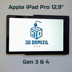 Könnte beinhalten: Schwarzes Apple iPad Pro 12,9" (ca. 33 cm) mit einem weißen Bildschirm, der ein blaues Logo und den Text "3D DOMIZIL" anzeigt. Der Text "Gen 3 & 4" befindet sich unter dem iPad. Der Hintergrund ist weiß.
