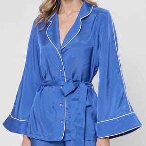 Silk Kimono Pajamas Set, Luxury Womens Sleepwear, Blue Pajama Pants, Elegant PJ Set Loungewear, Wife Gift, Gift For Her, Christmas Gift