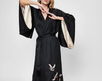 Black Silk Kimono Robe, Embroidered Japanese Dressing Gown, Long Lounge Wear or Bridal Lingerie Gift for Her