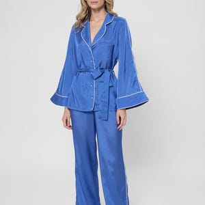Kimono Pajamas Blue Satin Pajama Set For Women, Silk-Inspired PJ Pants And Top, Luxury Loungewear, Holiday Gift For Her, Elegant PJ Set