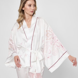 Kimono Pajamas, Holiday Pajama Set, Womens Silk Loungewear, Satin PJ Set, White Silk Pajamas, Luxury Pajama Pants, Gift For Her