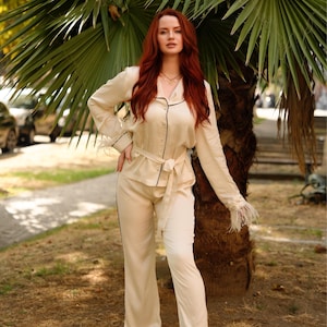 Silk Pajama Set with Satin Pants, Matching Robe and Sleepwear, Bride and Bridesmaid Gift, Women&#39;s Luxury Loungewear Collection