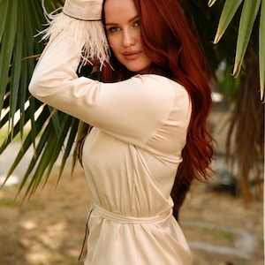 Feathered Silk Pajamas Set, Beige Kimono Loungewear, Luxury Satin Pajamas, Bridesmaid PJ Pants, Cute Ladies Sleepwear, Gift For Her