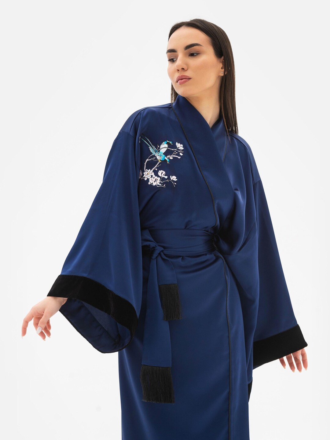 Light Robe Japanese Elegant Blue Kimono Robe, Silk Japanese Long Robe, Wedding Lingerie ...