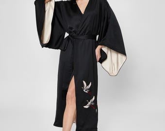 Kimono Long Black Silk Robe For Women, Japanese Style Lounge Embroidered Kimono, Pure Silk Kimono Robe, Luxury Loungewear, Christmas Gift