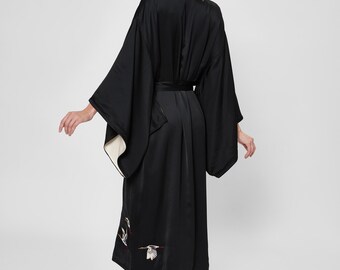 Lange zijden kimonogewaad zwart, dames bruidsfeestgewaad voor bruidsmeisjes, elegante kimonostijl loungewear, cadeau voor vrouwen, lange bruidsgewaad