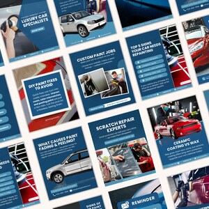 Pu&ograve; includere: Una raccolta di volantini promozionali blu e bianchi relativi ai servizi di verniciatura auto. I volantini trattano argomenti come la cura della vernice, le riparazioni fai-da-te, i lavori di verniciatura personalizzati e la riparazione dei graffi.