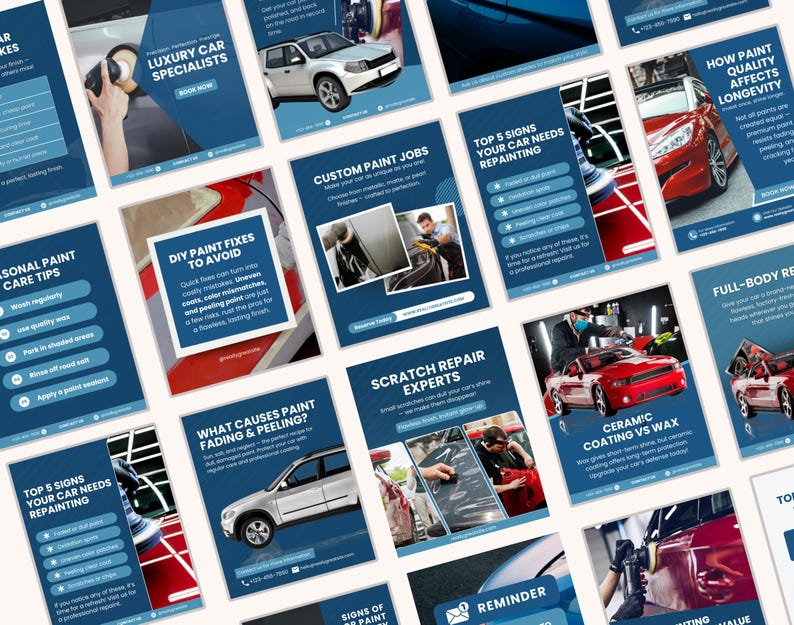 Pu&ograve; includere: Una raccolta di volantini promozionali blu e bianchi relativi ai servizi di verniciatura auto. I volantini trattano argomenti come la cura della vernice, le riparazioni fai-da-te, i lavori di verniciatura personalizzati e la riparazione dei graffi.