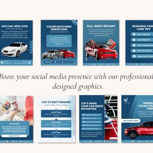 Pu&ograve; includere: Una serie di grafiche per social media in blu e bianco, che pubblicizzano servizi per auto. Le grafiche evidenziano la riverniciatura, l'abbinamento dei colori e i consigli per la cura della vernice. Testo: "Old Car, New Look" e "Premium Clear Coat Finish."