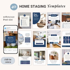 Peut inclure: Graphique de marketing numérique avec le texte "40 MODÈLES DE HOME STAGING". L'image comprend une maquette de smartphone et plusieurs modèles de conception avec du texte tel que "Living Room Must-Haves for Staging" et "Dining Room Setup". Le graphique comprend également le texte "Edit in Canva."