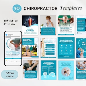 May include: A collection of 50 chiropractor templates in a teal and white color scheme. The templates include graphics and text about back pain, chiropractic care, and nervous system health. The post size is 1080x1350, and the templates are editable in Canva.