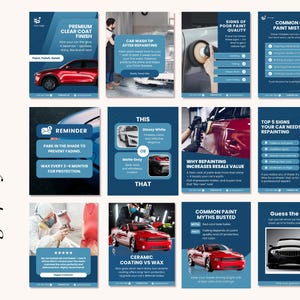 Pu&ograve; includere: Una serie di grafiche blu e bianche che presentano consigli per la cura dell'auto. Gli argomenti includono la finitura trasparente, il lavaggio dell'auto dopo la riverniciatura, i segni di scarsa qualit&agrave; della vernice e i comuni errori di verniciatura dell'auto.
