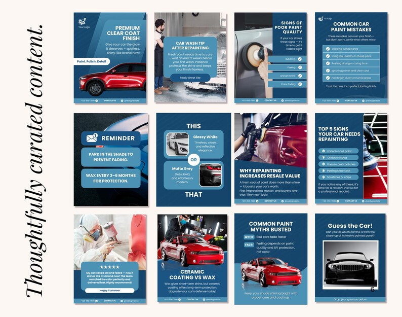 Pu&ograve; includere: Una serie di grafiche blu e bianche che presentano consigli per la cura dell'auto. Gli argomenti includono la finitura trasparente, il lavaggio dell'auto dopo la riverniciatura, i segni di scarsa qualit&agrave; della vernice e i comuni errori di verniciatura dell'auto.