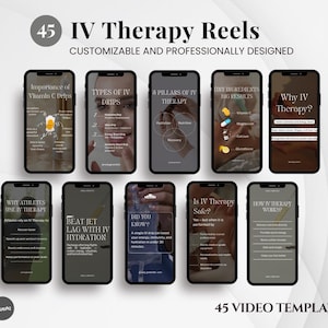 Può includere: Una grafica digitale che mostra 45 modelli di Reels per la terapia IV. L'immagine presenta diversi mockup di smartphone che mostrano vari argomenti, tra cui "Importanza delle gocce di vitamina C" e "Perché la terapia IV?". È visibile anche il testo "PERSONALIZZABILE E PROGETTATO PROFESSIONALMENTE".