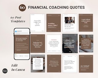 May include: A digital product with 60 financial coaching quotes. The design includes templates with text on a brown background, a smartphone mockup, and the Canva logo. The text includes phrases like "Budget Rule" and "Avoiding money talks?"