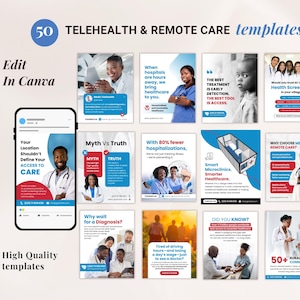 May include: A collection of 50 telehealth and remote care templates. The templates include graphics with text such as "Your location shouldn't define your access to care" and "Myth vs Truth". The image also includes the text "Edit in Canva" and "High Quality templates".