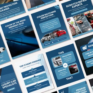 Pu&ograve; includere: Una raccolta di biglietti promozionali blu e bianchi per servizi di detailing auto. I biglietti presentano testo e immagini di auto, evidenziando servizi come protezione della vernice, abbinamento dei colori e riparazione dei graffi. I biglietti promuovono anche le finiture della vernice.