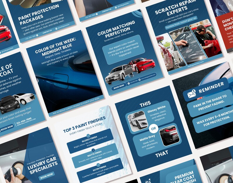 Pu&ograve; includere: Una raccolta di biglietti promozionali blu e bianchi per servizi di detailing auto. I biglietti presentano testo e immagini di auto, evidenziando servizi come protezione della vernice, abbinamento dei colori e riparazione dei graffi. I biglietti promuovono anche le finiture della vernice.