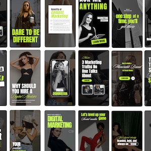 May include: A series of digital marketing and social media graphics. The designs include text such as "Dare to be Different", "Digital Domination", and "Social Media Engagement Hacks". The colour scheme is mainly black, white, and neon green.